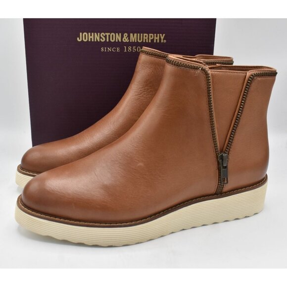 Johnston & Murphy Womens 10 Mitzi Cognac Calfskin Brown Zipper Booties Boots - Picture 1 of 14